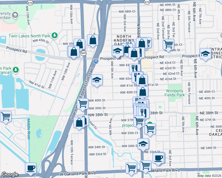 map of restaurants, bars, coffee shops, grocery stores, and more near 4027 Northwest 5th Avenue in Oakland Park