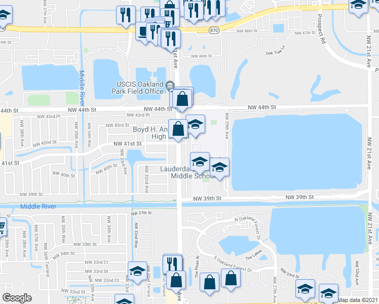map of restaurants, bars, coffee shops, grocery stores, and more near 4021 Northwest 30th Terrace in Lauderdale Lakes