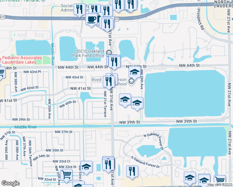 map of restaurants, bars, coffee shops, grocery stores, and more near 4021 Northwest 30th Terrace in Lauderdale Lakes