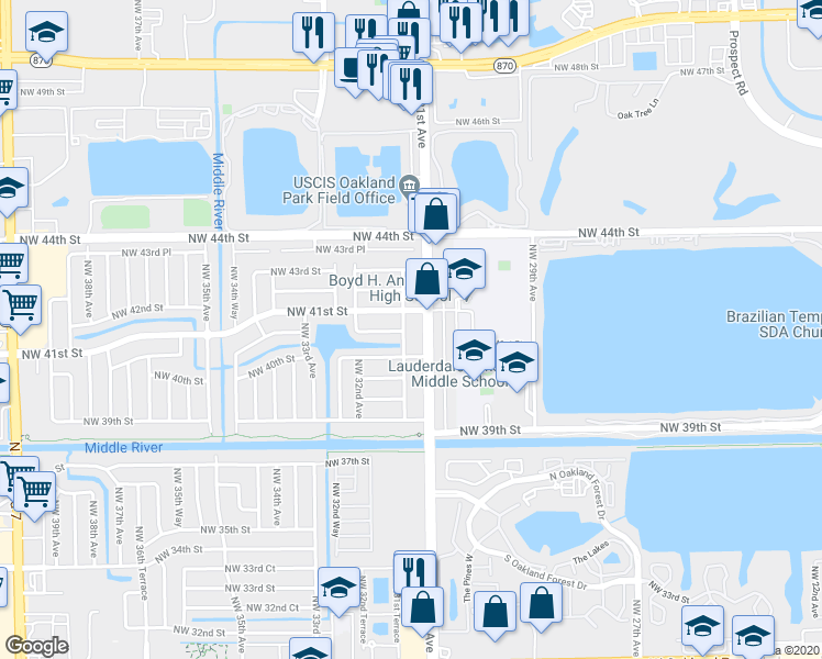 map of restaurants, bars, coffee shops, grocery stores, and more near 3143 Northwest 40th Street in Lauderdale Lakes