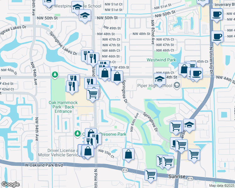 map of restaurants, bars, coffee shops, grocery stores, and more near 4201 Springtree Drive in Sunrise