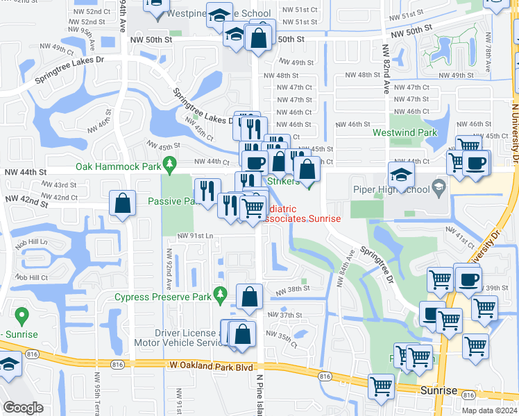 map of restaurants, bars, coffee shops, grocery stores, and more near 4239 North Pine Island Road in Sunrise