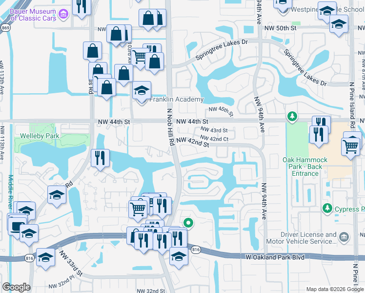 map of restaurants, bars, coffee shops, grocery stores, and more near 9923 Northwest 41st Street in Sunrise