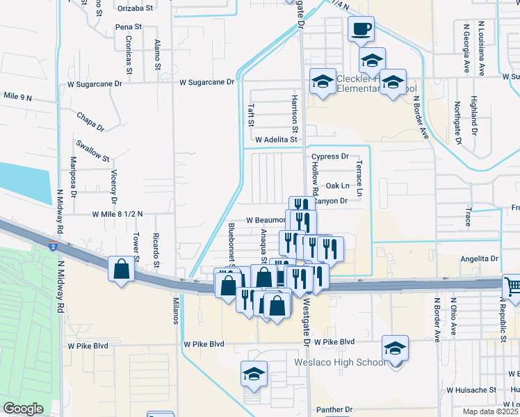 map of restaurants, bars, coffee shops, grocery stores, and more near 1920 West Beaumont Drive in Weslaco