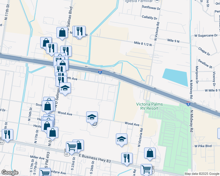 map of restaurants, bars, coffee shops, grocery stores, and more near 2607 North Avenue in Donna