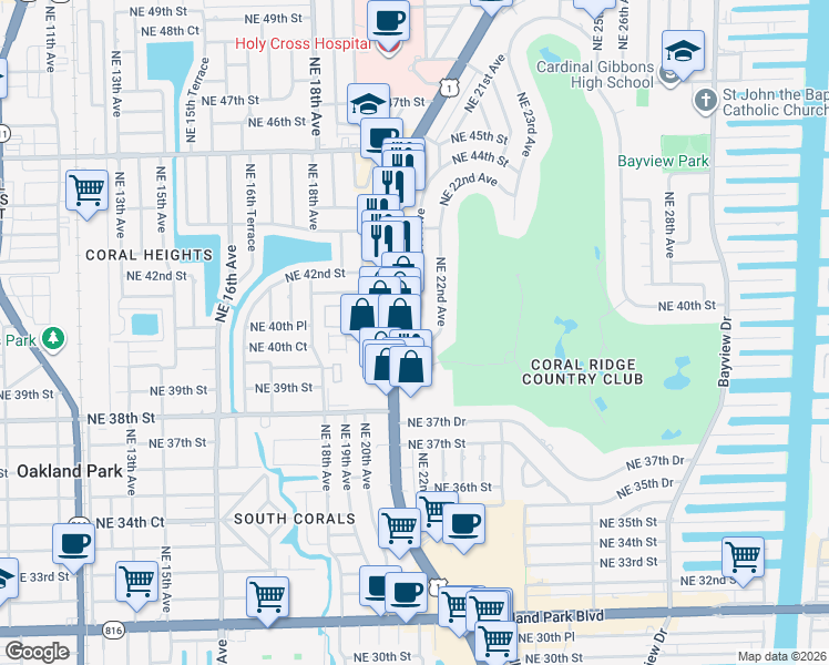 map of restaurants, bars, coffee shops, grocery stores, and more near 3909 Northeast 21st Avenue in Fort Lauderdale