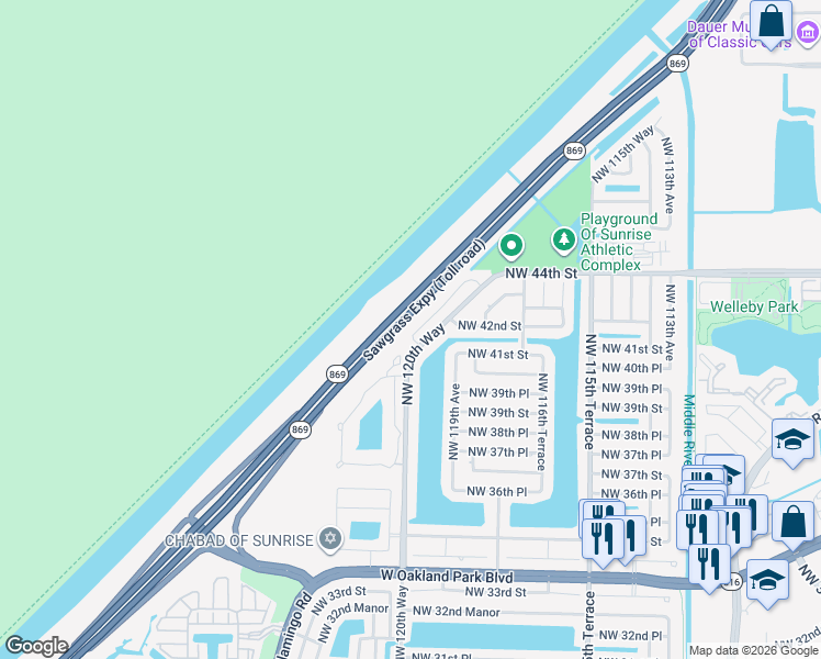 map of restaurants, bars, coffee shops, grocery stores, and more near 12076 Northwest 42nd Street in Sunrise