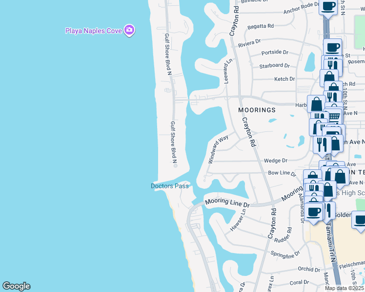 map of restaurants, bars, coffee shops, grocery stores, and more near 2600 Gulf Shore Boulevard North in Naples