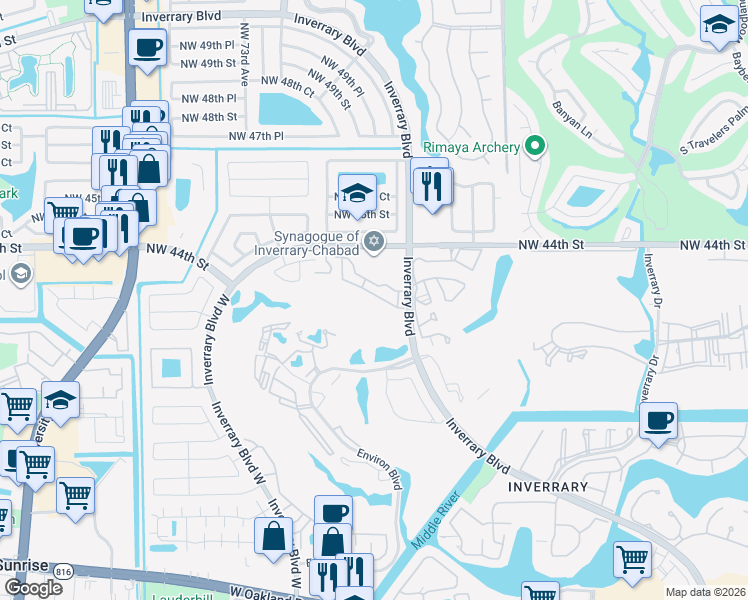 map of restaurants, bars, coffee shops, grocery stores, and more near 6726 Sienna Club Drive in Lauderhill
