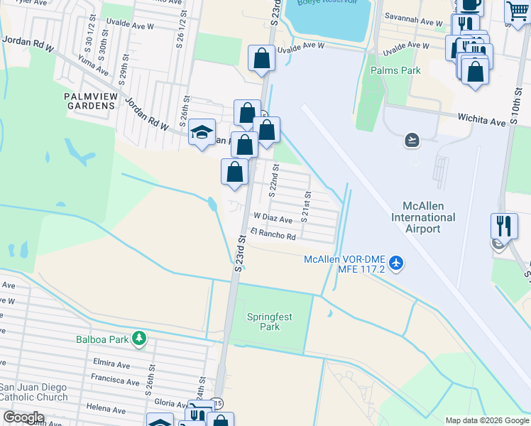 map of restaurants, bars, coffee shops, grocery stores, and more near 2200 South 22nd Street in McAllen