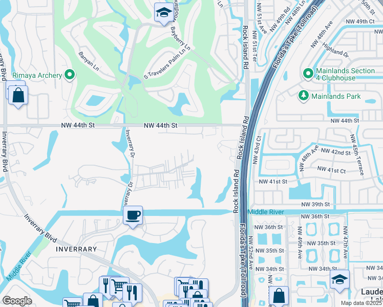 map of restaurants, bars, coffee shops, grocery stores, and more near 4164 Inverrary Drive in Lauderhill