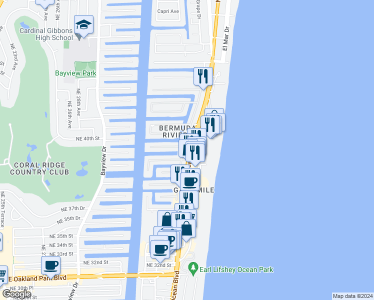 map of restaurants, bars, coffee shops, grocery stores, and more near 4011 North Ocean Boulevard in Fort Lauderdale