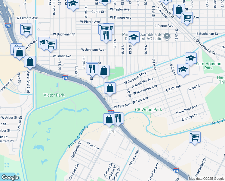 map of restaurants, bars, coffee shops, grocery stores, and more near 617 W Mckinley Ave in Harlingen