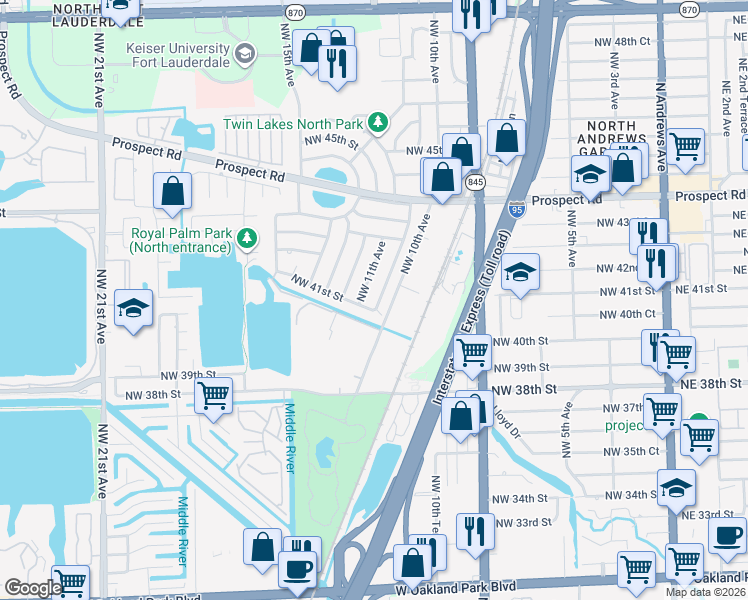 map of restaurants, bars, coffee shops, grocery stores, and more near 1070 Northwest 41st Street in Fort Lauderdale