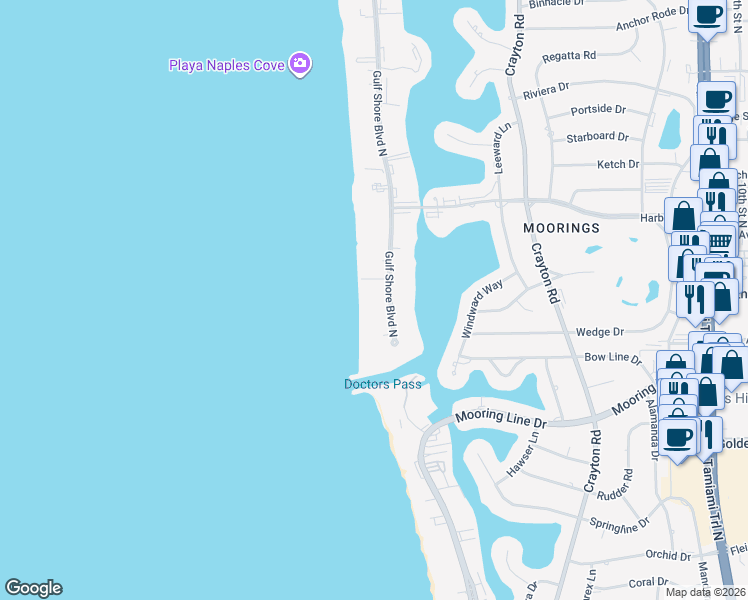 map of restaurants, bars, coffee shops, grocery stores, and more near 2401 Gulf Shore Boulevard North in Naples