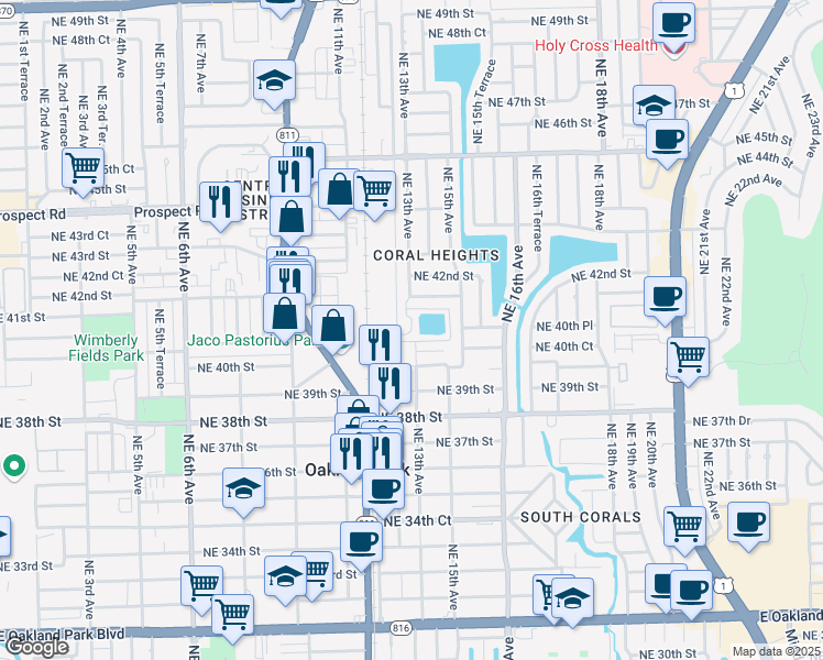 map of restaurants, bars, coffee shops, grocery stores, and more near 1279 Northeast 40th Court in Oakland Park