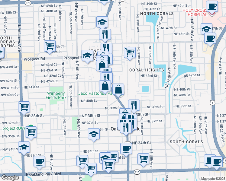 map of restaurants, bars, coffee shops, grocery stores, and more near 1079 Northeast 40th Court in Oakland Park