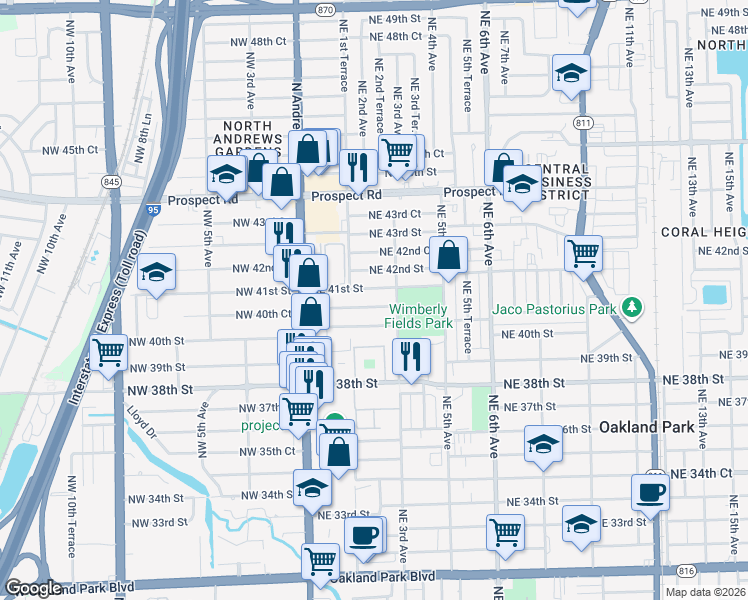 map of restaurants, bars, coffee shops, grocery stores, and more near 261 Northeast 40th Street in Oakland Park