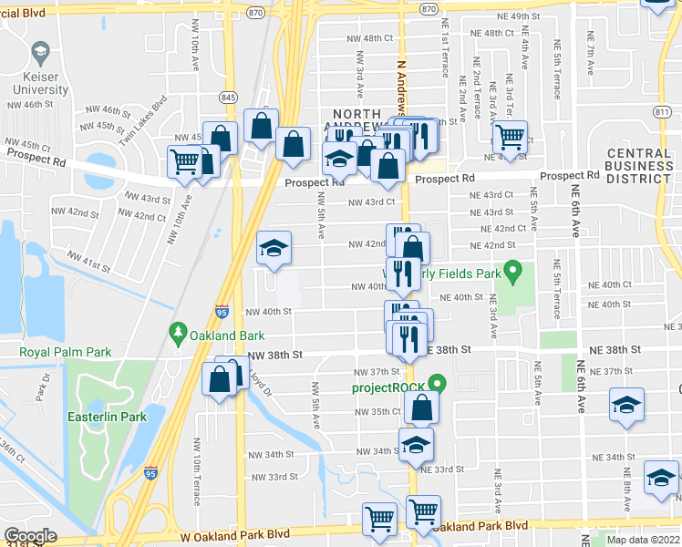 map of restaurants, bars, coffee shops, grocery stores, and more near 364 Northwest 40th Court in Oakland Park