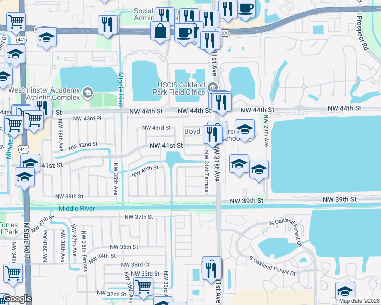 map of restaurants, bars, coffee shops, grocery stores, and more near 3201 Northwest 40th Street in Lauderdale Lakes