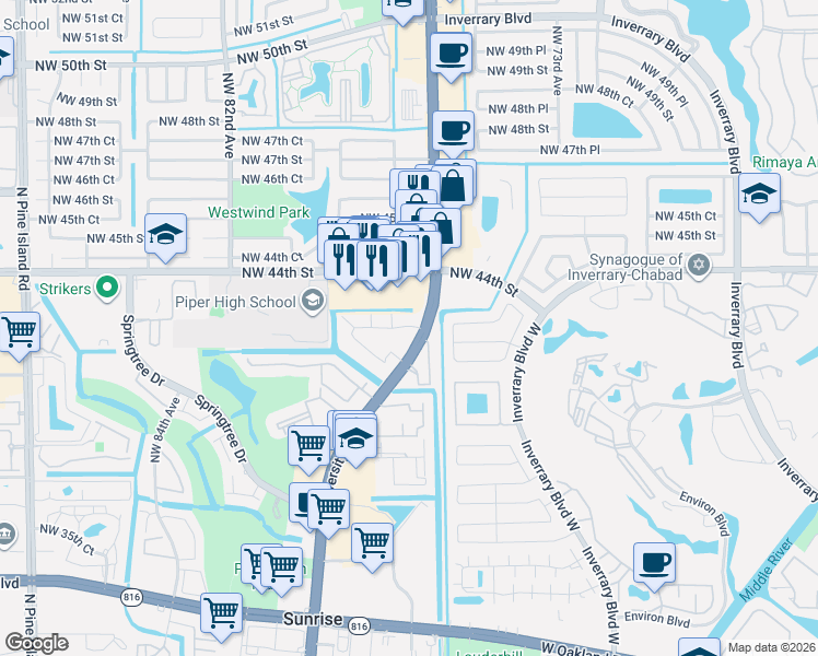 map of restaurants, bars, coffee shops, grocery stores, and more near 4255 North University Drive in Sunrise