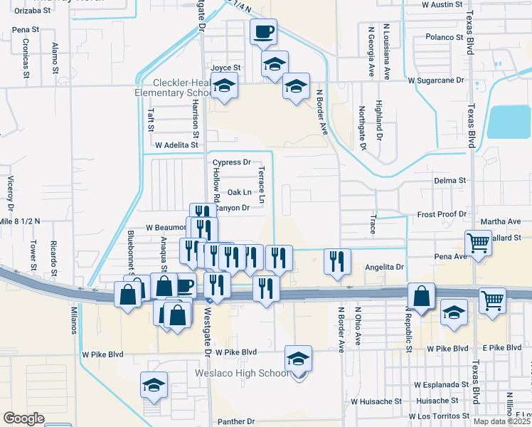 map of restaurants, bars, coffee shops, grocery stores, and more near 1438 Canyon Drive in Weslaco