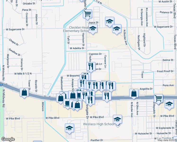 map of restaurants, bars, coffee shops, grocery stores, and more near 1701 North Westgate Drive in Weslaco