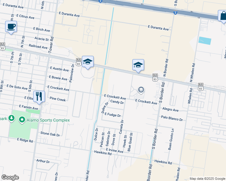 map of restaurants, bars, coffee shops, grocery stores, and more near 401 Dulce Drive in Alamo