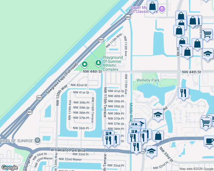map of restaurants, bars, coffee shops, grocery stores, and more near 11445 Northwest 41st Street in Sunrise