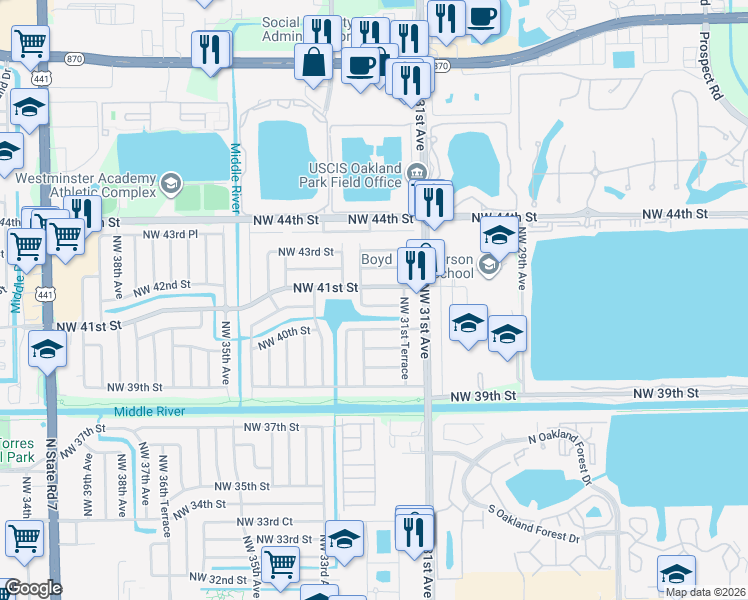 map of restaurants, bars, coffee shops, grocery stores, and more near 3201 Northwest 40th Street in Lauderdale Lakes
