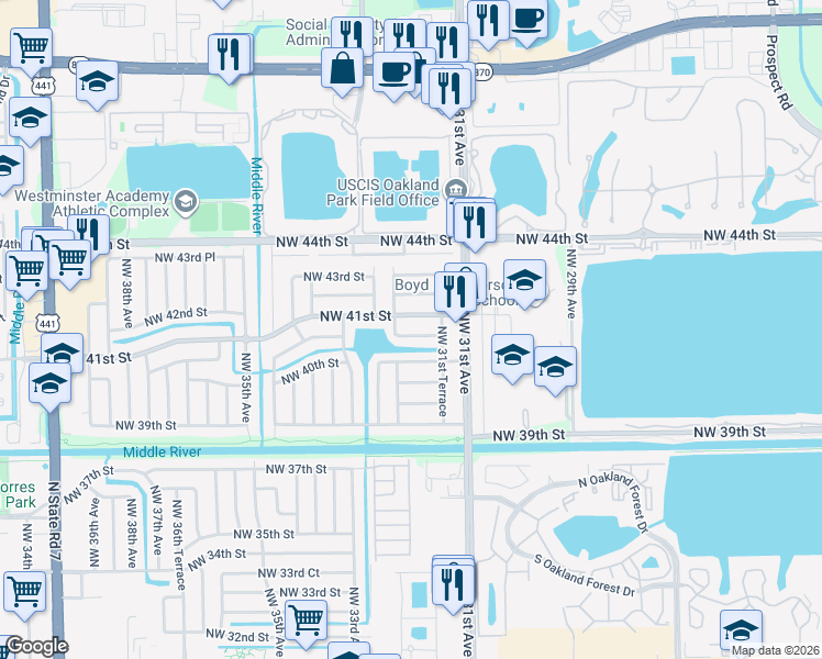 map of restaurants, bars, coffee shops, grocery stores, and more near 3201 Northwest 40th Street in Lauderdale Lakes