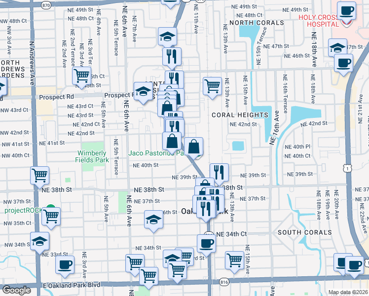 map of restaurants, bars, coffee shops, grocery stores, and more near 1079 Northeast 40th Court in Oakland Park
