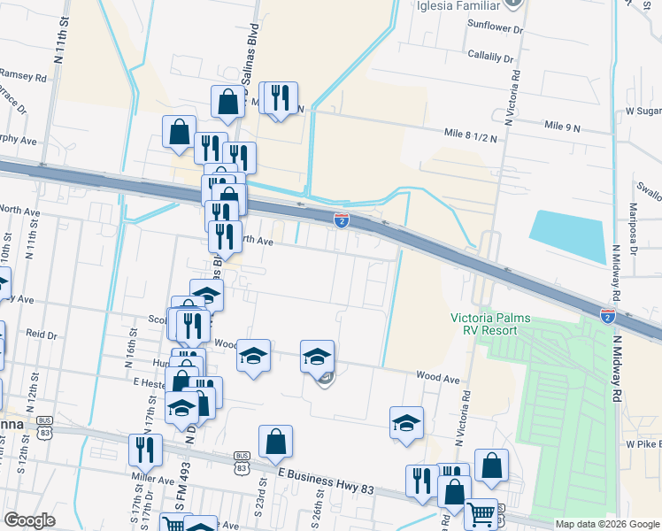 map of restaurants, bars, coffee shops, grocery stores, and more near 2607 North Avenue in Donna