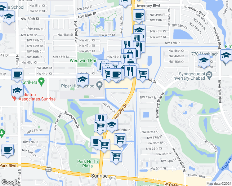 map of restaurants, bars, coffee shops, grocery stores, and more near 7649 Northwest 42nd Place in Sunrise