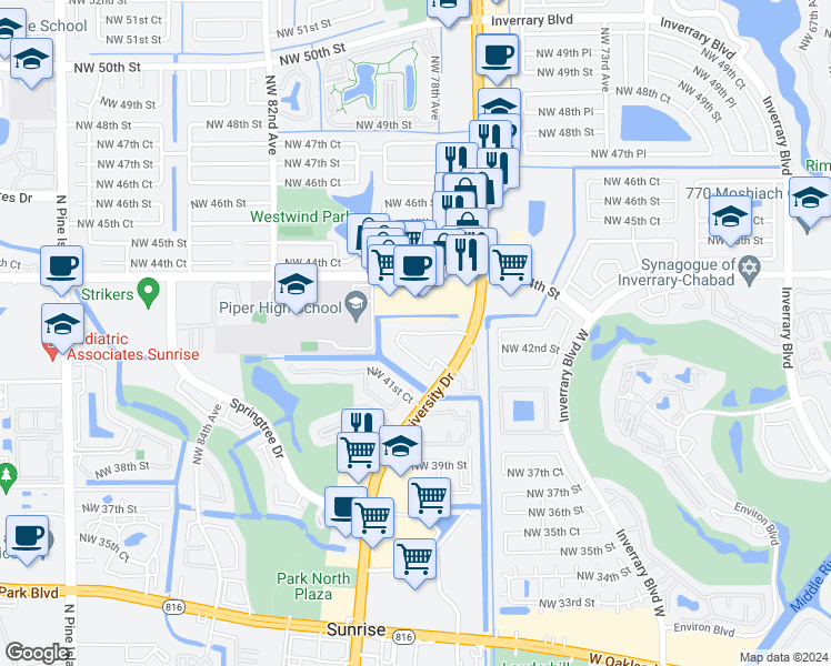 map of restaurants, bars, coffee shops, grocery stores, and more near 7629 Northwest 42nd Place in Sunrise