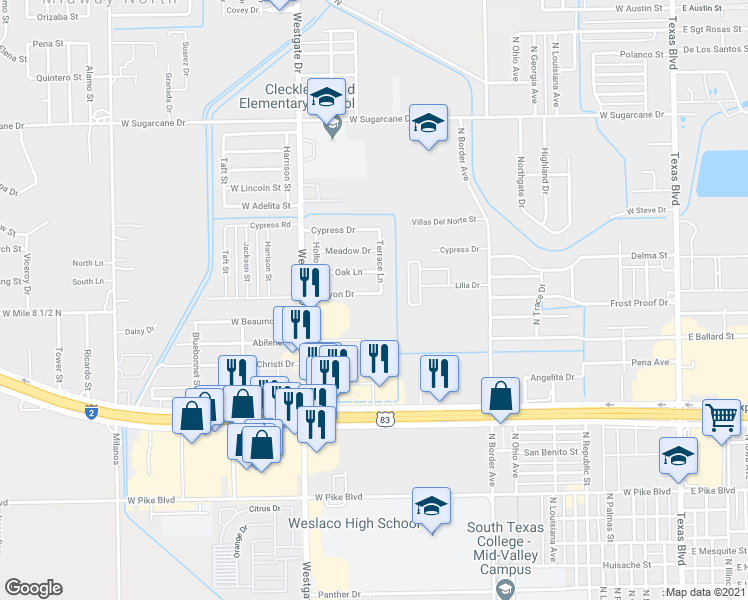 map of restaurants, bars, coffee shops, grocery stores, and more near 1438 Canyon Drive in Weslaco