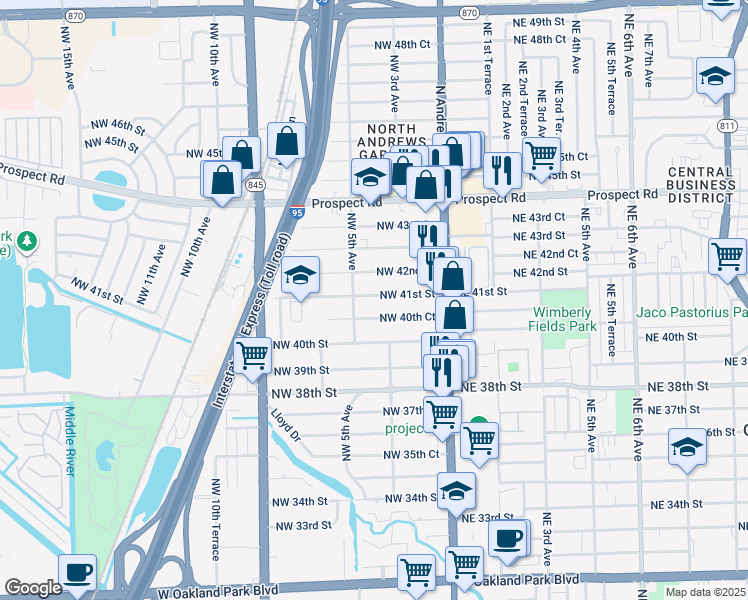 map of restaurants, bars, coffee shops, grocery stores, and more near 380 Northwest 42nd Street in Oakland Park