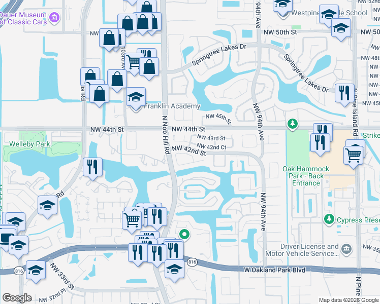 map of restaurants, bars, coffee shops, grocery stores, and more near 9807 Northwest 42nd Court in Sunrise