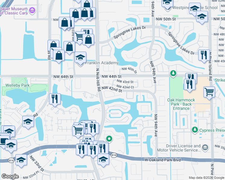map of restaurants, bars, coffee shops, grocery stores, and more near 9807 Northwest 42nd Court in Sunrise