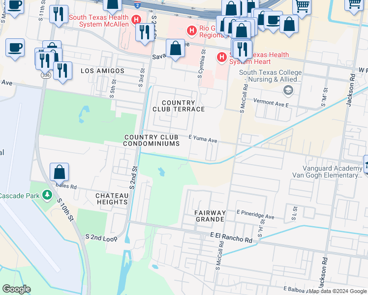 map of restaurants, bars, coffee shops, grocery stores, and more near 114 Southeast Augusta Square in McAllen