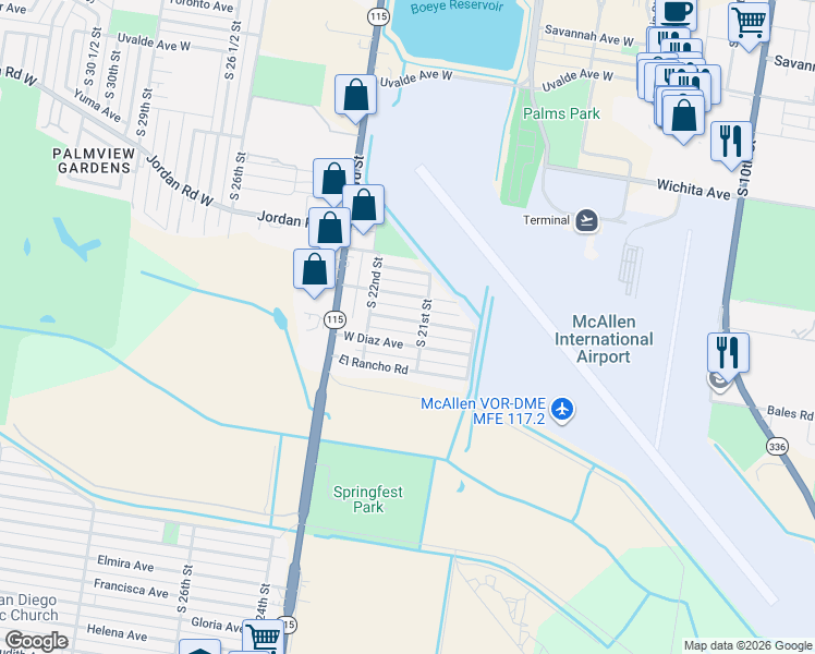 map of restaurants, bars, coffee shops, grocery stores, and more near 2116 Cortez Avenue in McAllen