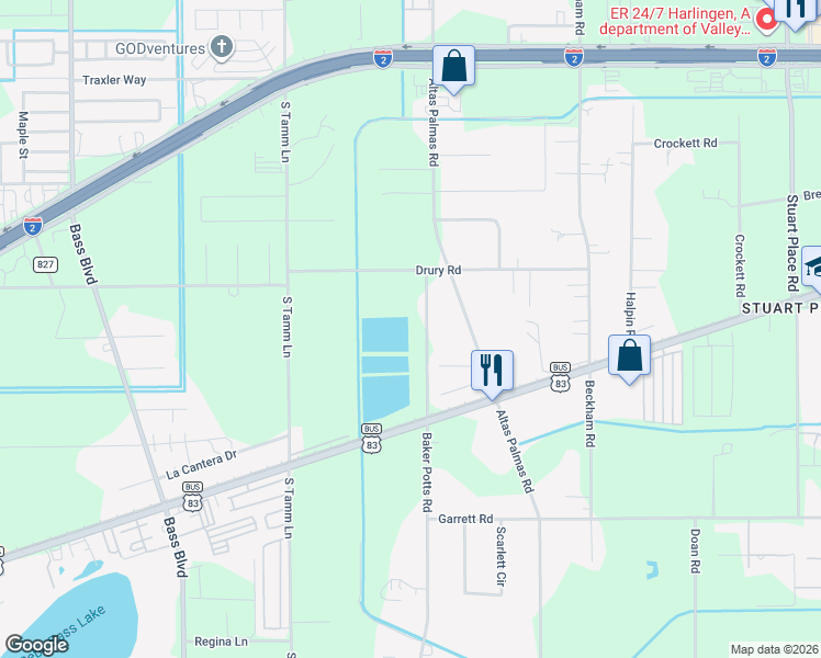 map of restaurants, bars, coffee shops, grocery stores, and more near 26252 Baker Potts Road in Harlingen
