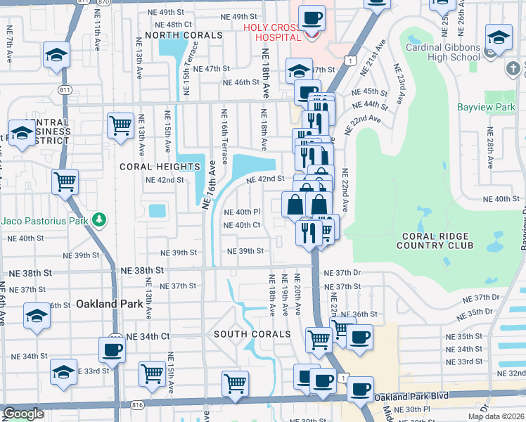 map of restaurants, bars, coffee shops, grocery stores, and more near 4024 Northeast 18th Avenue in Oakland Park