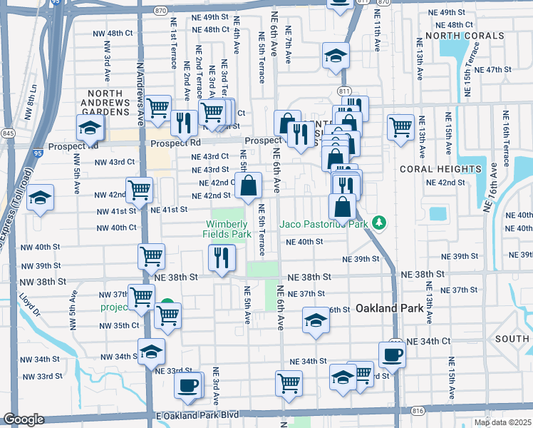 map of restaurants, bars, coffee shops, grocery stores, and more near 4131 Northeast 6th Avenue in Oakland Park
