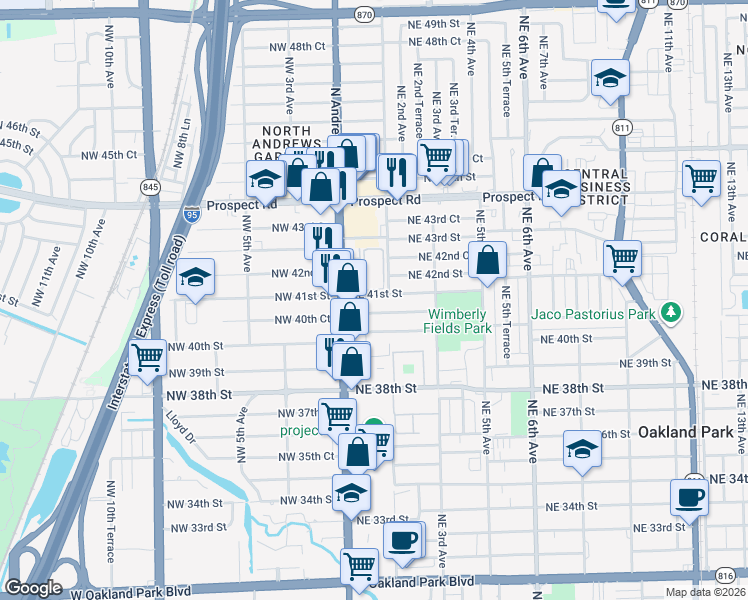 map of restaurants, bars, coffee shops, grocery stores, and more near 130 Northeast 41st Street in Oakland Park