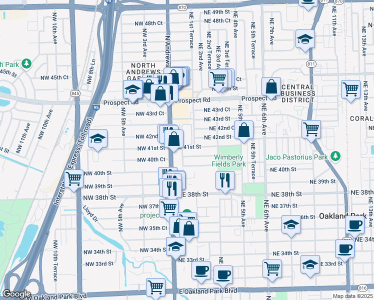 map of restaurants, bars, coffee shops, grocery stores, and more near 130 Northeast 41st Street in Oakland Park