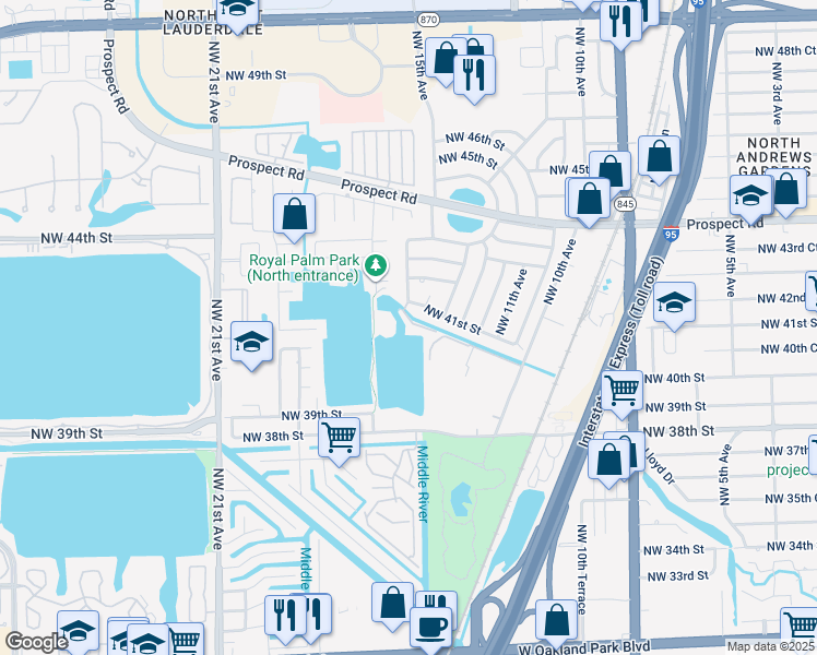 map of restaurants, bars, coffee shops, grocery stores, and more near 1500 Northwest 41st Street in Fort Lauderdale