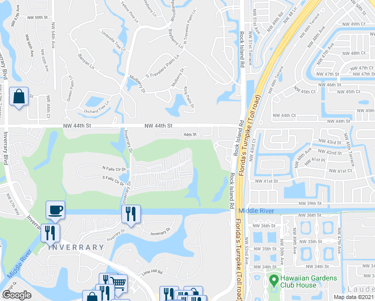 map of restaurants, bars, coffee shops, grocery stores, and more near 5530 Northwest 44th Street in Lauderhill