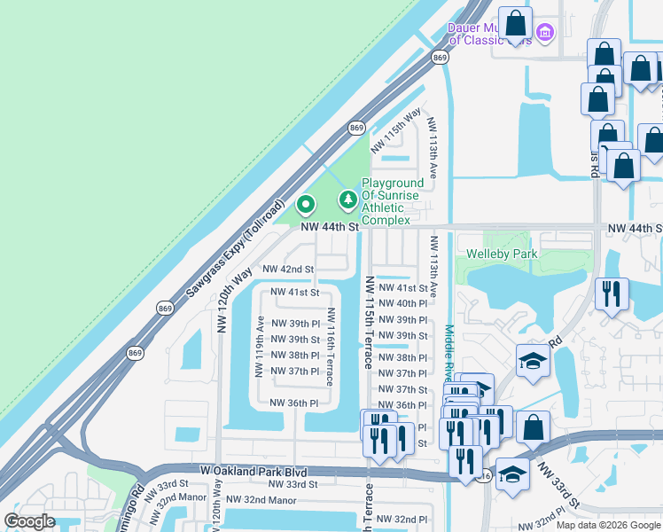 map of restaurants, bars, coffee shops, grocery stores, and more near 11721 Northwest 42nd Street in Sunrise