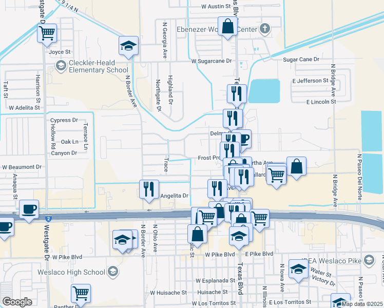 map of restaurants, bars, coffee shops, grocery stores, and more near 1718 North Oklahoma Avenue in Weslaco